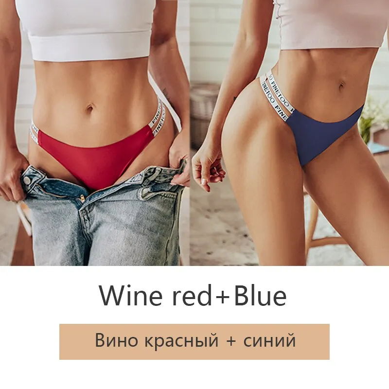 FINETOO 2Pcs/set Seamless Thongs Women Brazilian Underwear M-XL Female Panties Fashion Hollow Low Waist Letter Bikini Panty 2021