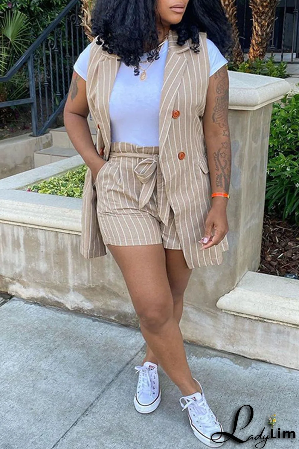 Black Fashion Casual Striped Print Patchwork Cardigan Turndown Collar Plus Size Two Pieces (Without T-shirt)