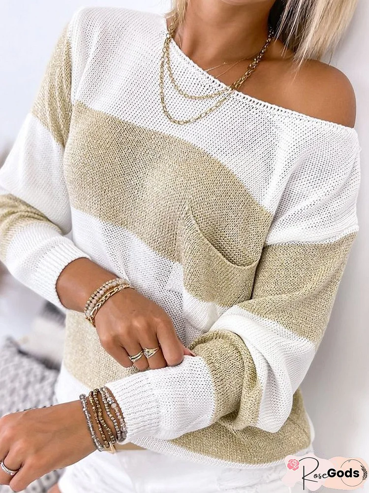 Women Striped Casual Autumn Polyester Micro-Elasticity Long Sleeve Crew Neck Regular Sweater