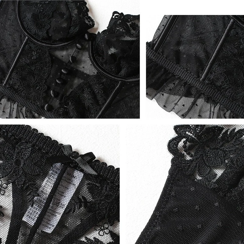 Embroidery Sexy Lingerie Women Thin Transparent Lace Push Up Bra Set Small Chest Bralette+Thong 2021 French Secret Underwear Set