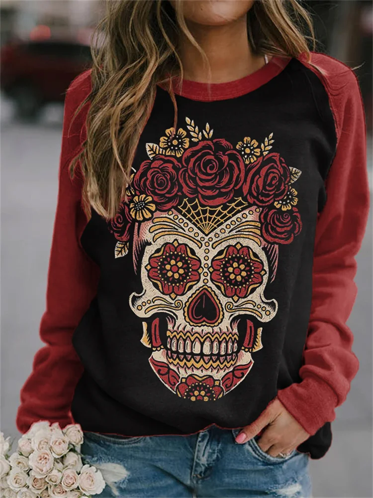 Vefave Day Of The Dead Skull Contrast Color Sweatshirt