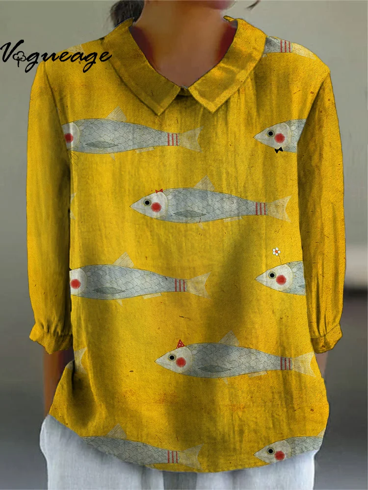 Fashionable Childlike Little Goldfish Print Women Doll Collar Shirt