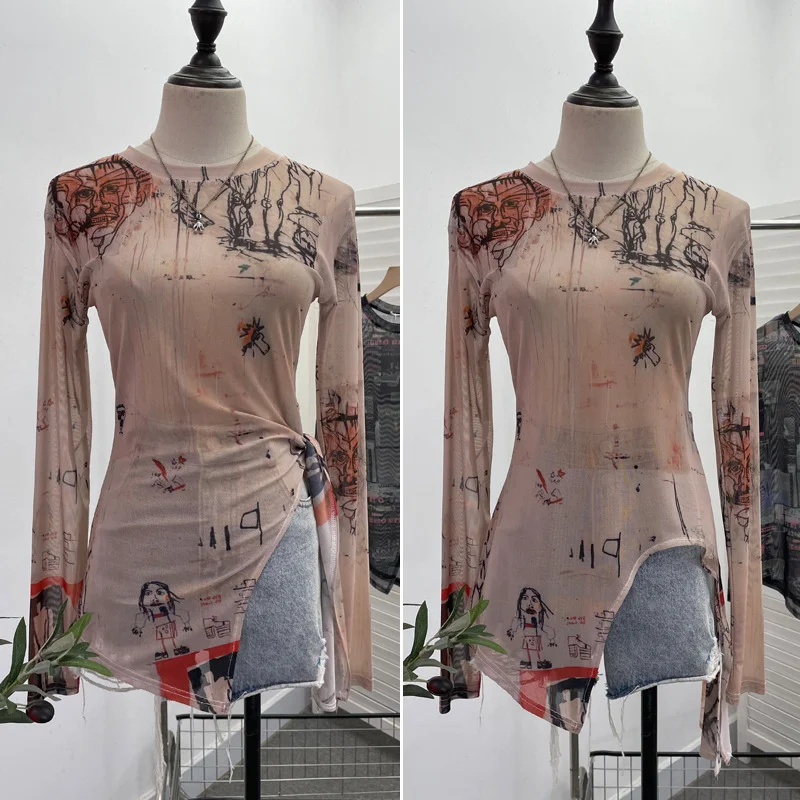 Uveng Vintage Tie-Dye-Print Net Yarn Jersey Long-Sleeved Top Irregularly T-Shirt With Thin Short T-Shirt 1919