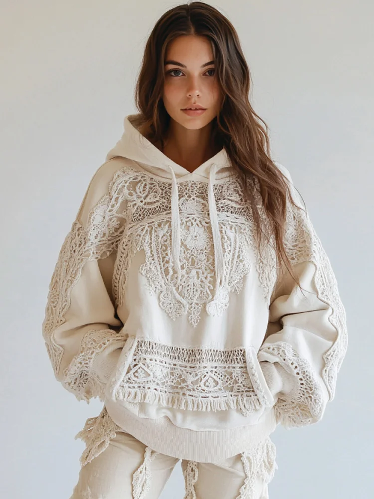 Women's Casual Floral Embroidery Print Cozy Hoodie