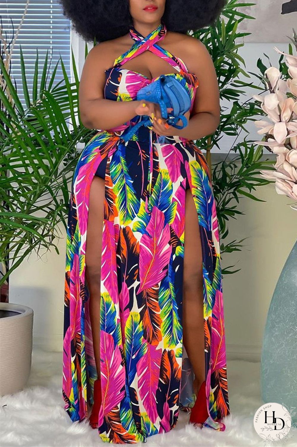 Yellow Fashion Sexy Plus Size Print Backless Slit Halter Sleeveless Dress