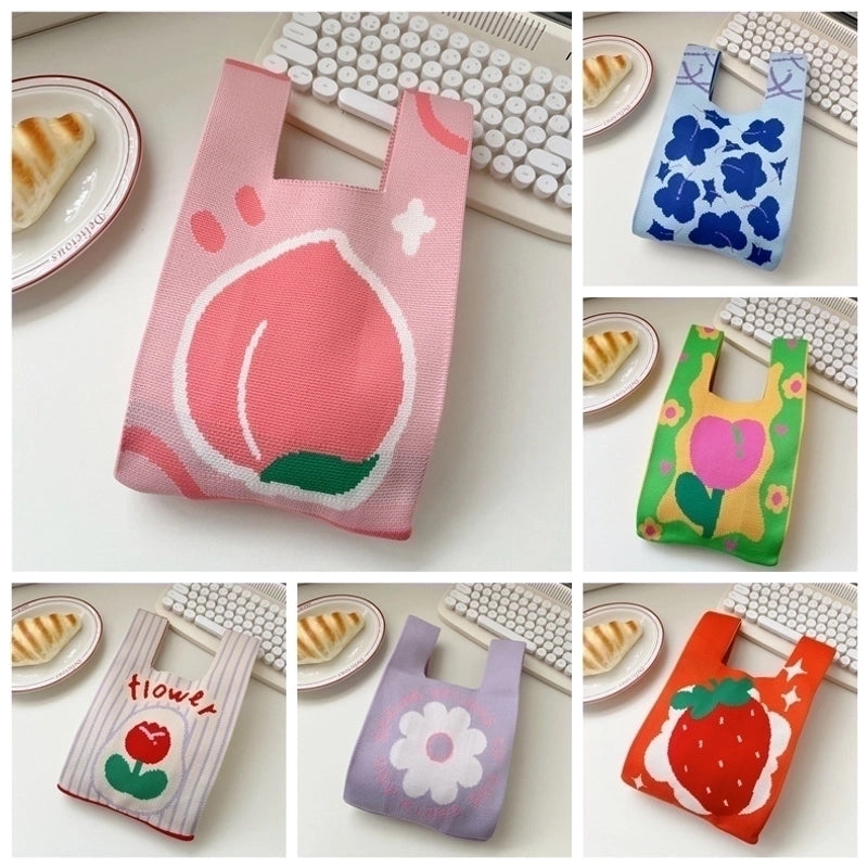 Women’s Small Knit Stripe Fruit Cute Basic Weave Open Bucket Bag