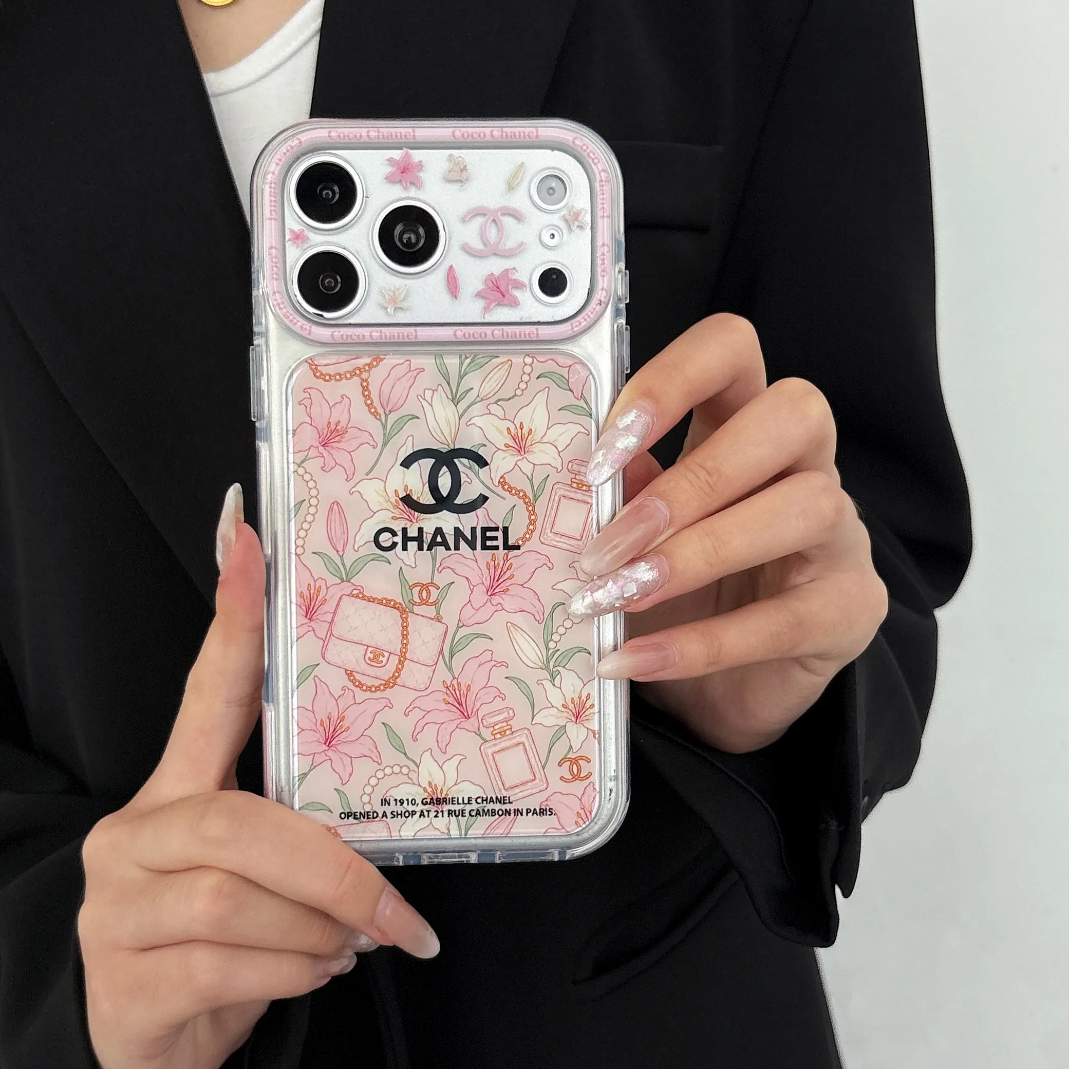 Coquette Aesthetic Chanel Pink Floral Clear Case with 3D Charms for iPhone 17/16/15 Series