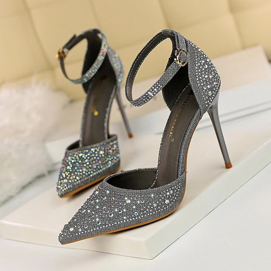Shallow mouth pointed toe cutout stiletto sandals with rhinestones