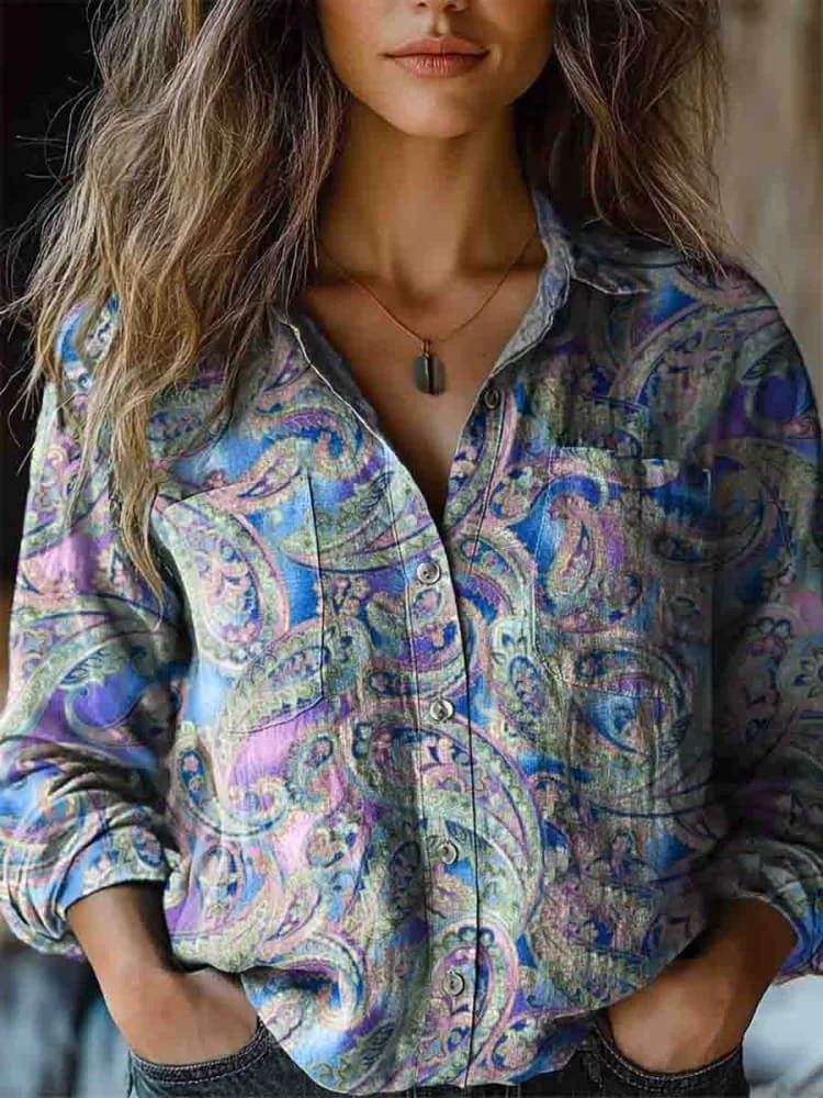 Womens Floral Pattern Printed Casual Long Sleeve Comfortable Cotton Shirt
