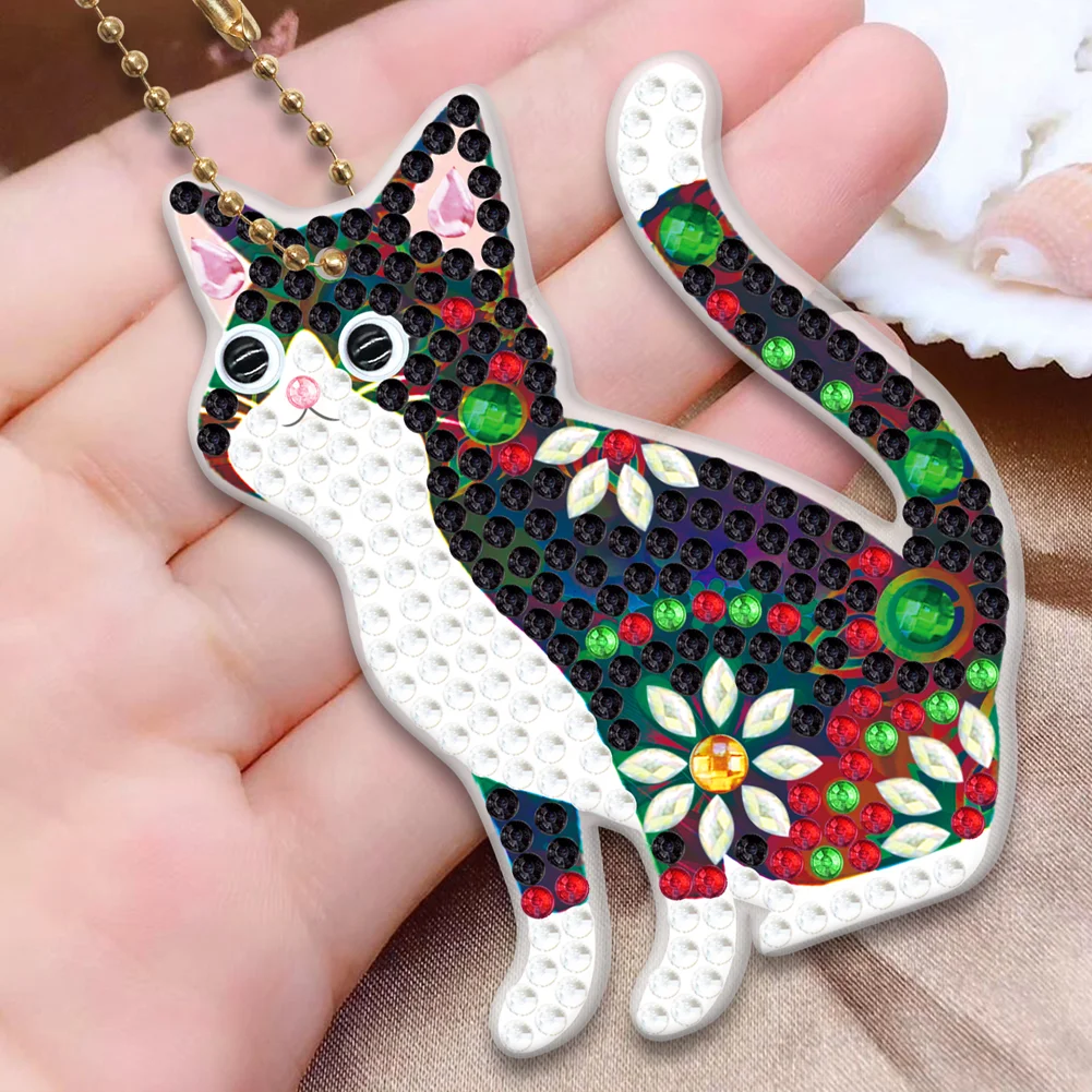 5pcs Diamond Painting Keyring Kits DIY Cat Keychain Bag Pendant(Double Sided)