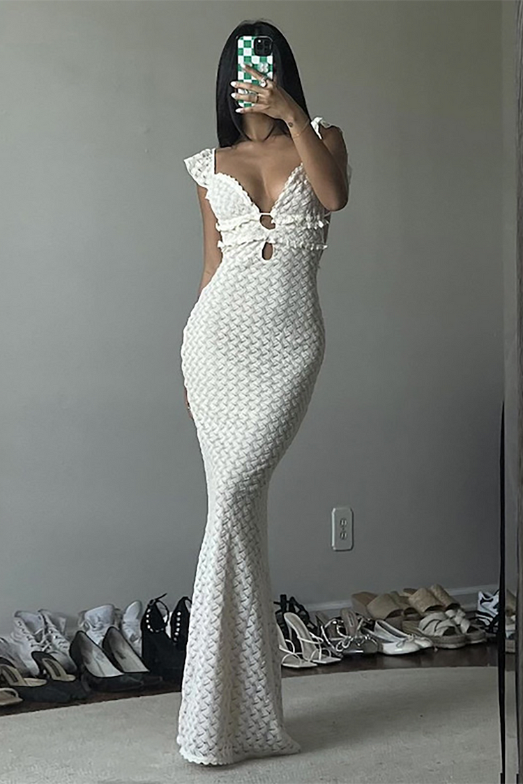 Ruffled Straps Cutout Slim Fit Textured Maxi Dresses-White