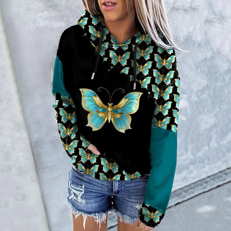 Casual Long Sleeve Butterfly Print Hoodie