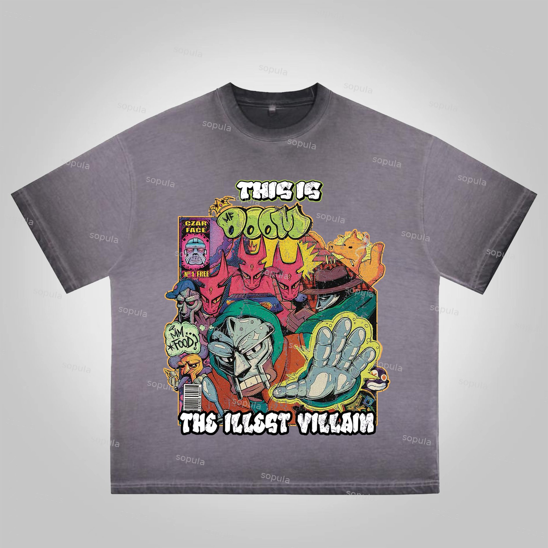 Sopula Vintage The Illest Villain Mf Doom Graphic Print Washed Cotton T-Shirt