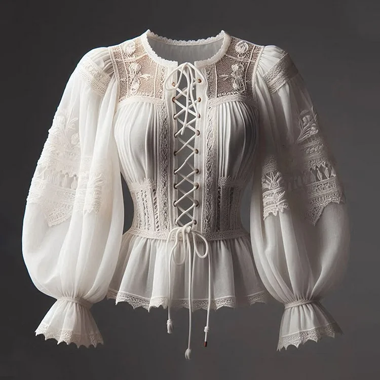 Ursime Vintage Lace-Up Puff Sleeve Lace Blouse