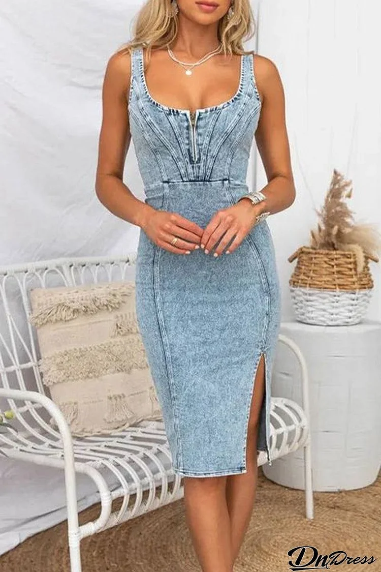 Sexy Solid Slit U Neck Sleeveless Regular Denim Dresses