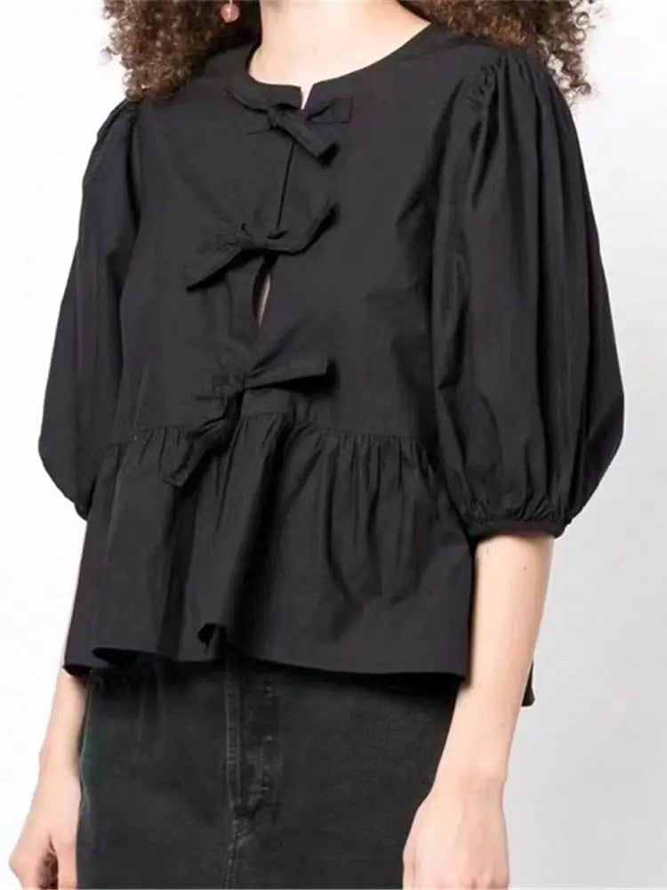 Llyge Lace-up Women Puff Sleeve Shirt White or Black Sweet O-neck 2024 Spring Summer Blouse for Female llyge
