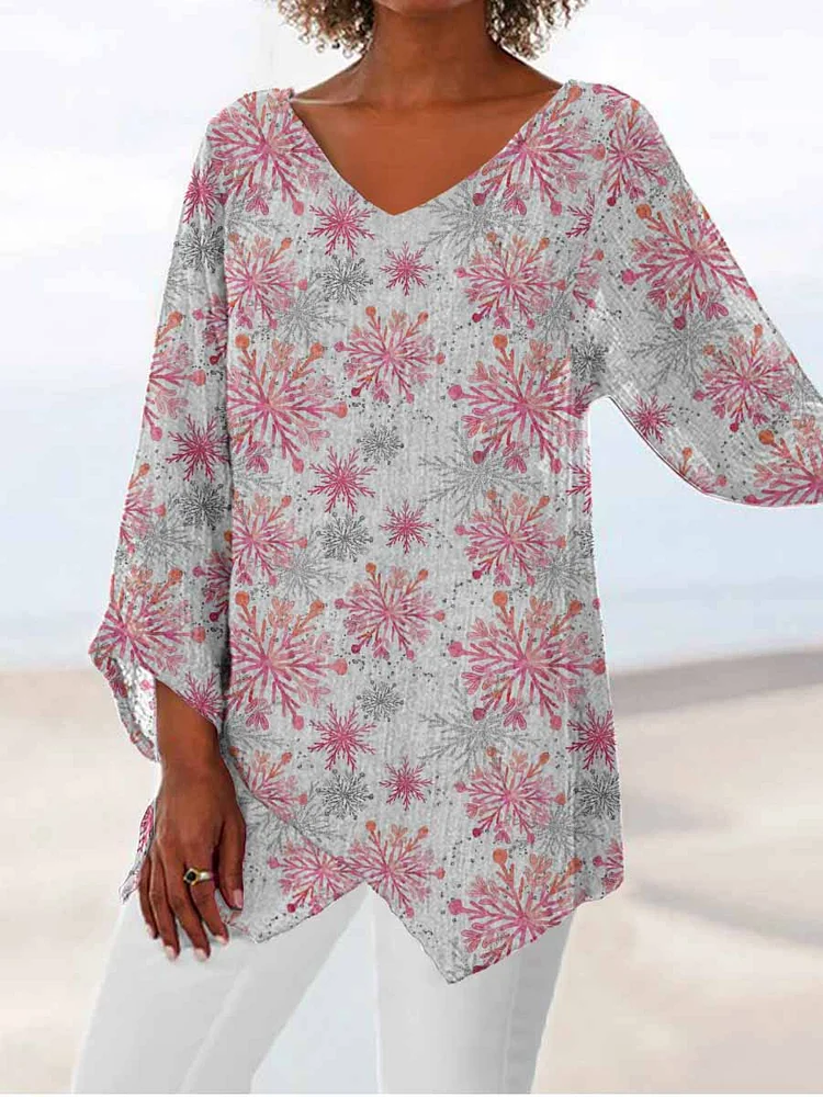 Womens Artistic Floral Cotton And linen V Collar Three quarter sleeves Top