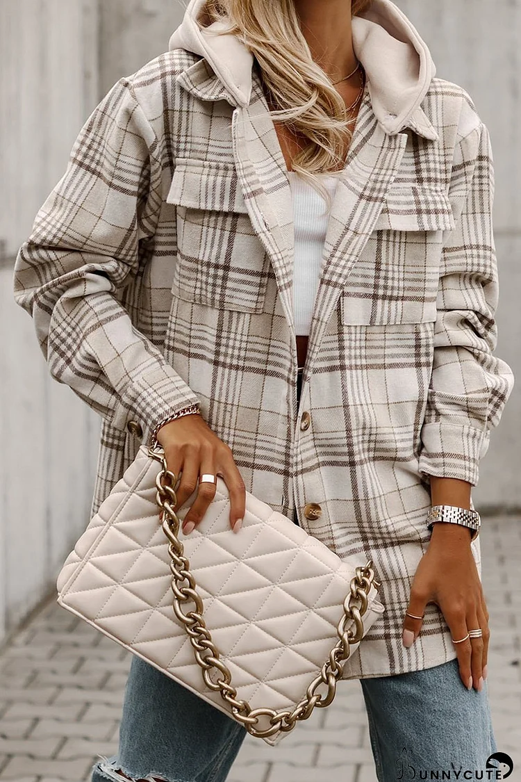 Khaki Plaid Removable Hood Buttoned Shacket