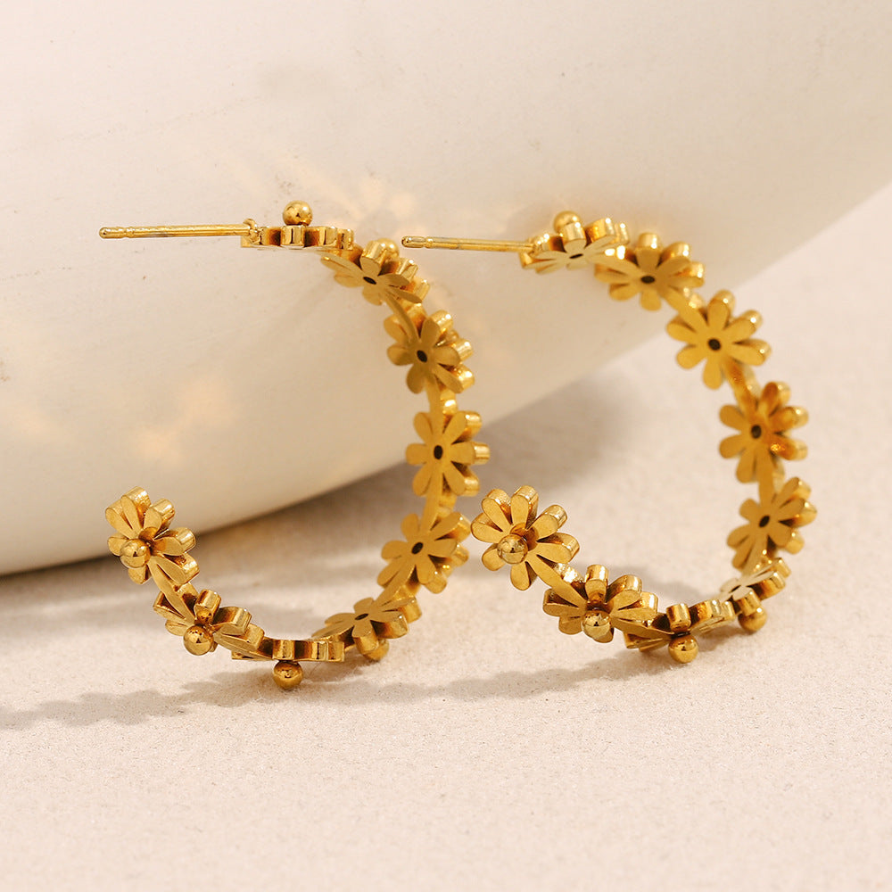Ins Style Fashion Retro Earrings Stainless Steel 18K Gold Plated Flower C-Shaped Earrings For Women