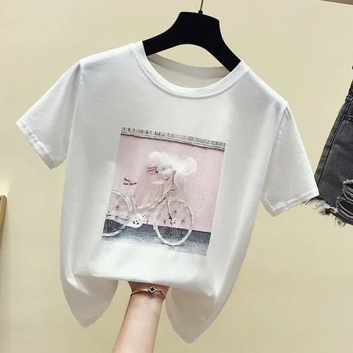 Cotton Women T-shirts Spring Summer New Fashion Cool Print Female Summer T-shirt White Casual T Shirt Femme Pink Loose Top 4767