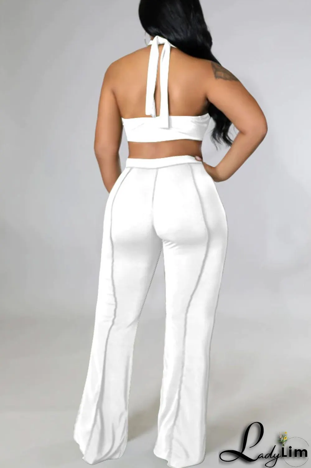 Black Sexy Solid Split Joint Backless Asymmetrical Halter Plus Size Two Pieces