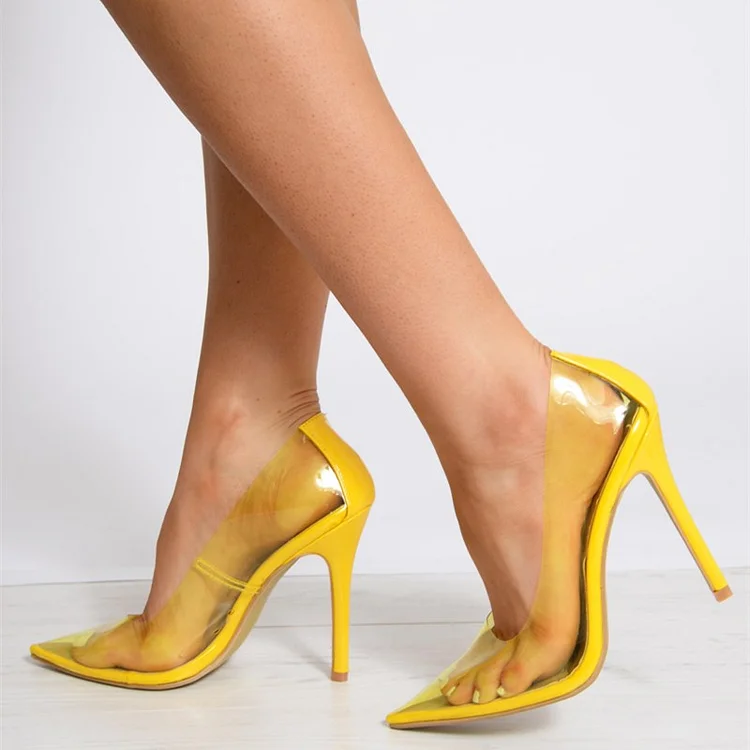 Stylish Yellow PVC Pointed Toe Stiletto Clear Heels |FSJ Shoes