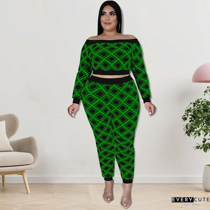 Plus Size Women's Print Off Shoulder Top And Pants Two Piece Set