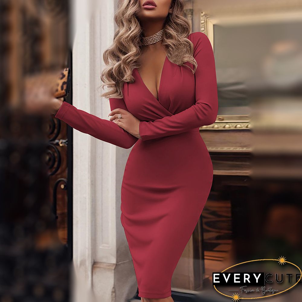 Fashion Deep V Neck Pleated Long Sleeve Dress
