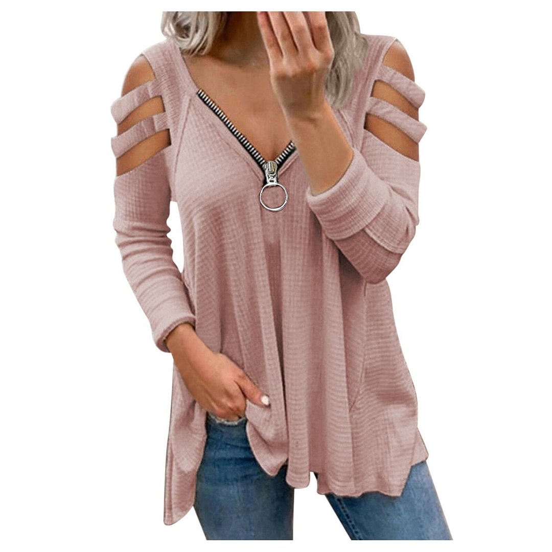 Womens Loose T-shirt Sexy Zipper V-neck Collar Solid Color Hollow Out Long Sleeve Fold Casual Tops Harajuku Street Ladies Tshirt