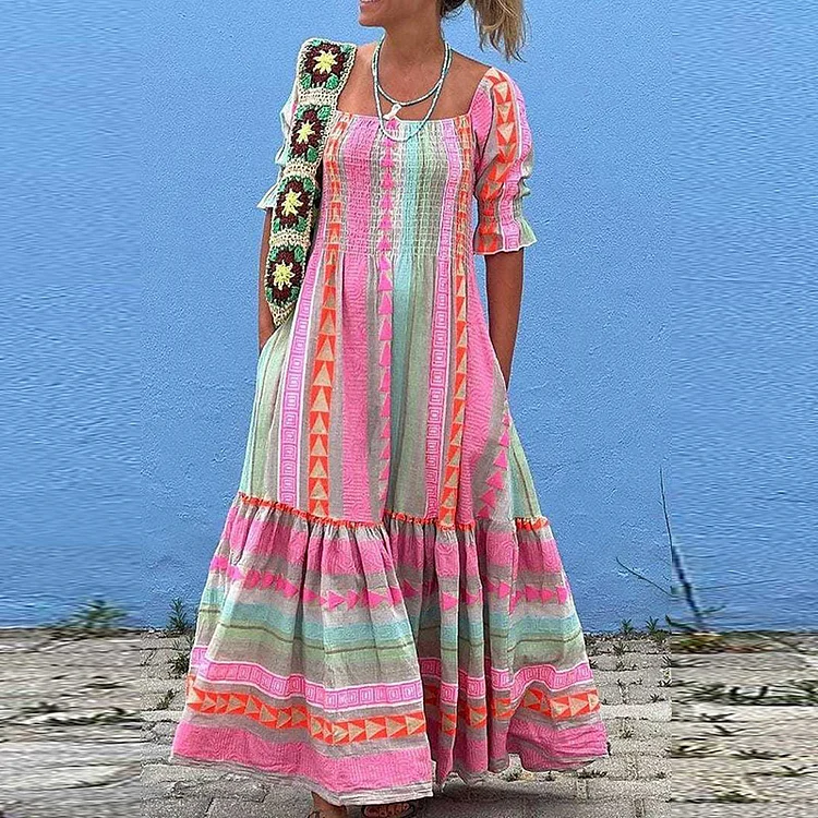 Casual Vacation Sexy Slant Collar Geometric Pattern Print Bohemian Maxi Dress