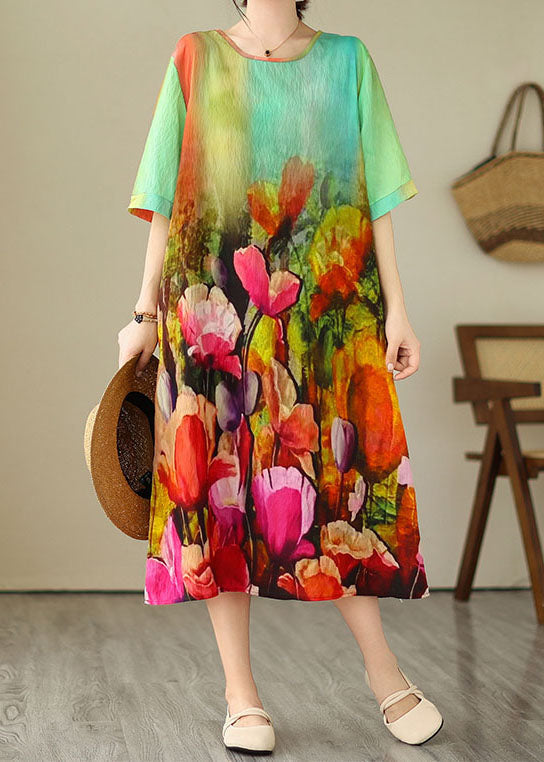 VCSHOES Colorblock O Neck Print Patchwork Cotton Dress Summer