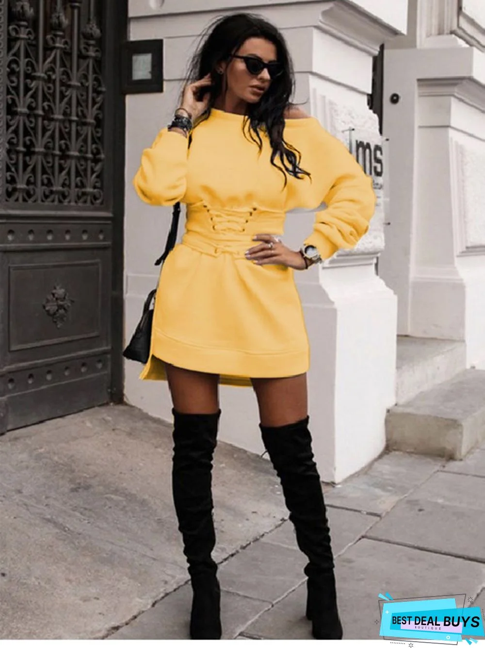 Sexy Round Neck Loose Waist Long Sleeve Dress