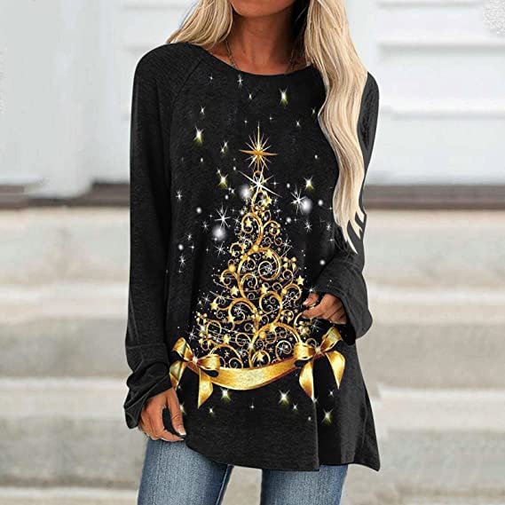Casual Printed Golden Christmas Tree Loose T-shirt