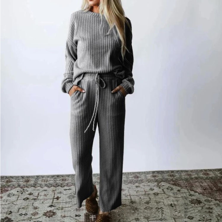 Long sleeve solid color knitted casual two-piece set MusePointer
