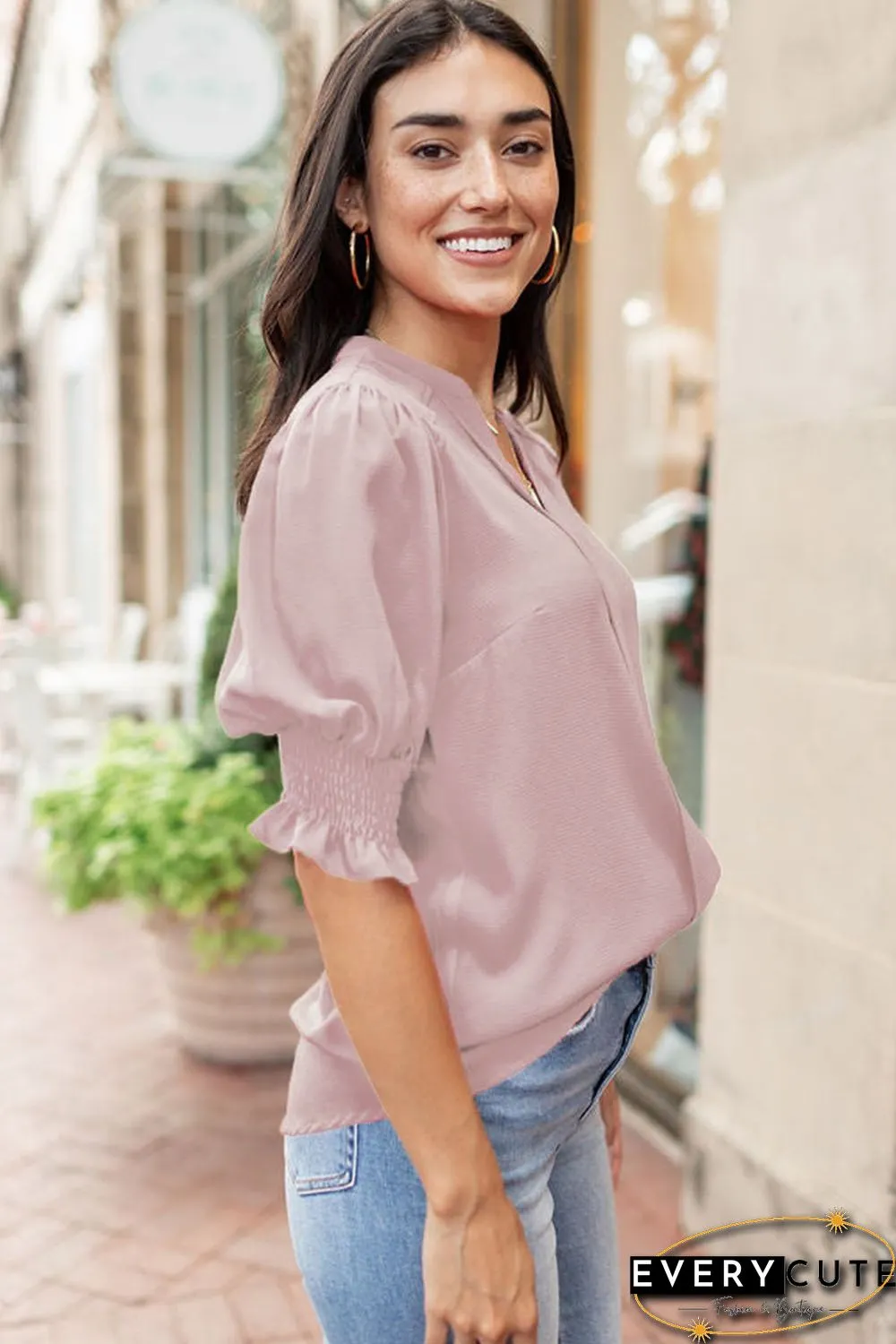 Pink Solid Color Half Sleeve V Neck Blouse