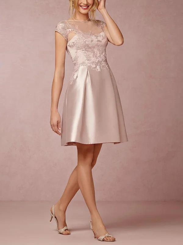 Round Neck Mesh Satin Solid Color Mini Dress