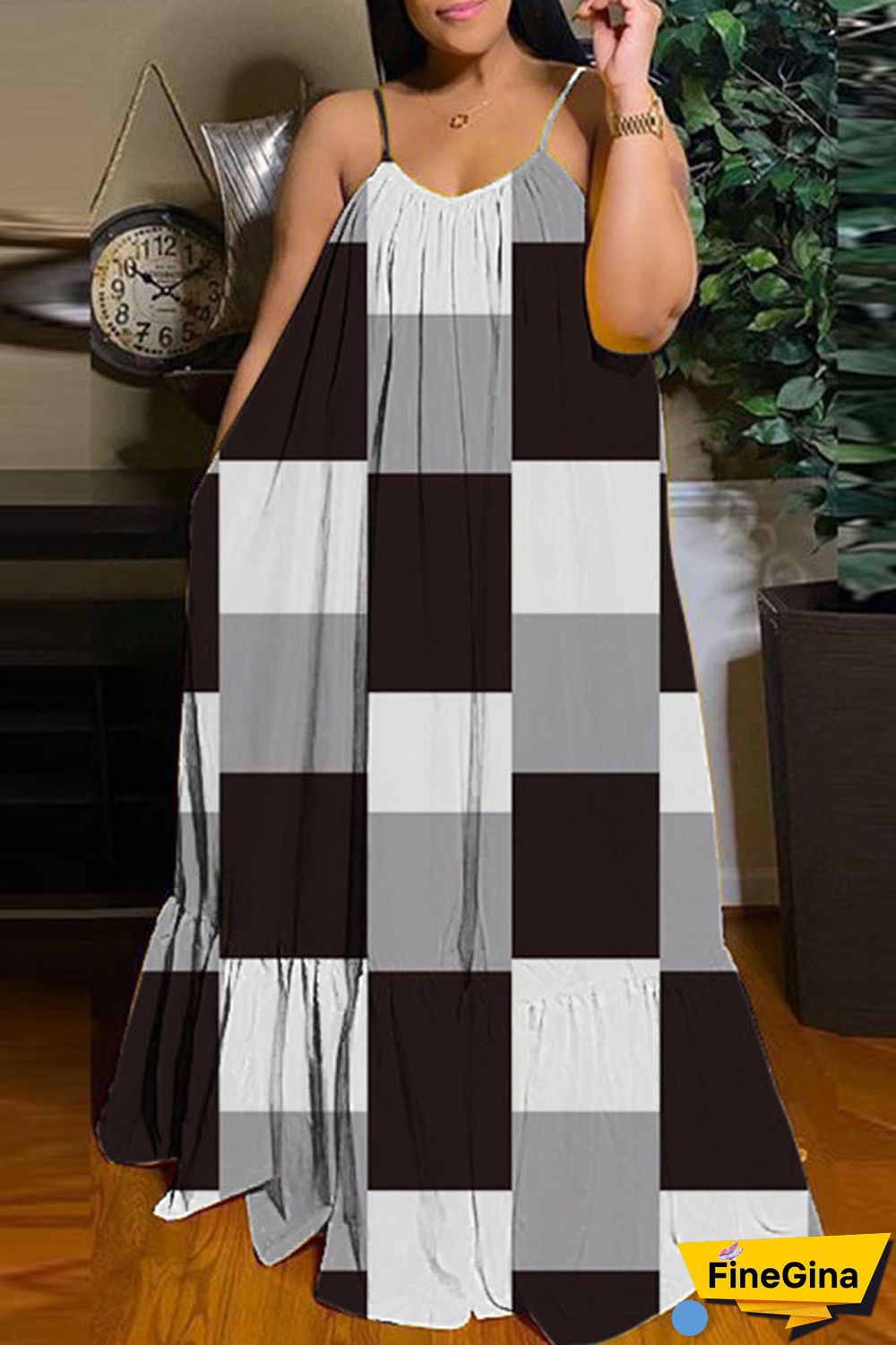 Black Brown Casual Street Print Patchwork Spaghetti Strap Sling Dress Dresses