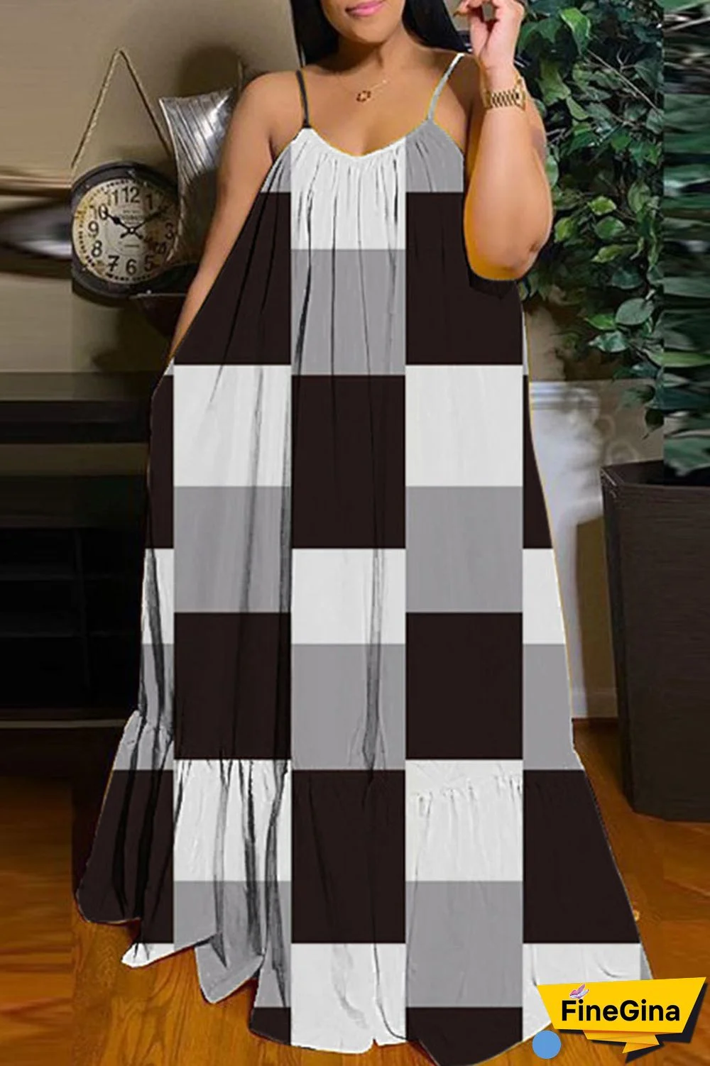 Black Brown Casual Street Print Patchwork Spaghetti Strap Sling Dress Dresses