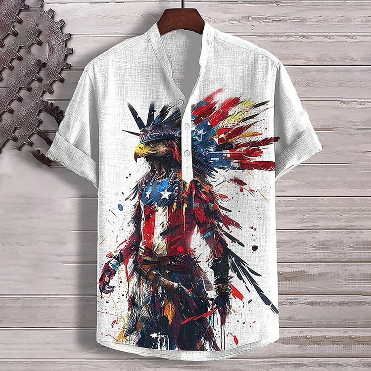 Japanese Art Patriotic Eagle Indian Warrior Splash Graphic Linen V-Neck Shirt
