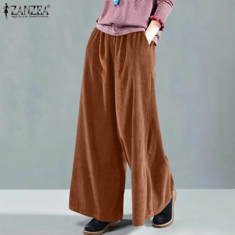 ZANZEA Women Corduroy Wide-legged Pants Stylish Elastic High Waist Pockets Causal Ankle Length Long Female Streetwear Trousers