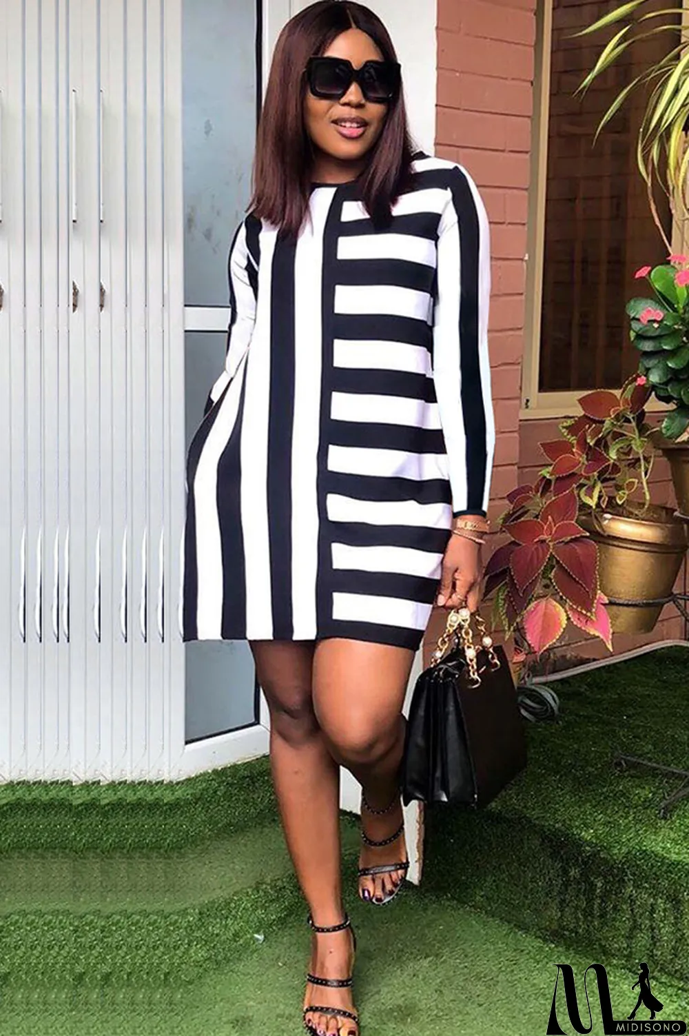 MidiSono - White Acetyl fiber Sweet Cap Sleeve Long Sleeves O neck Swagger Knee-Length Print Striped Patchwork