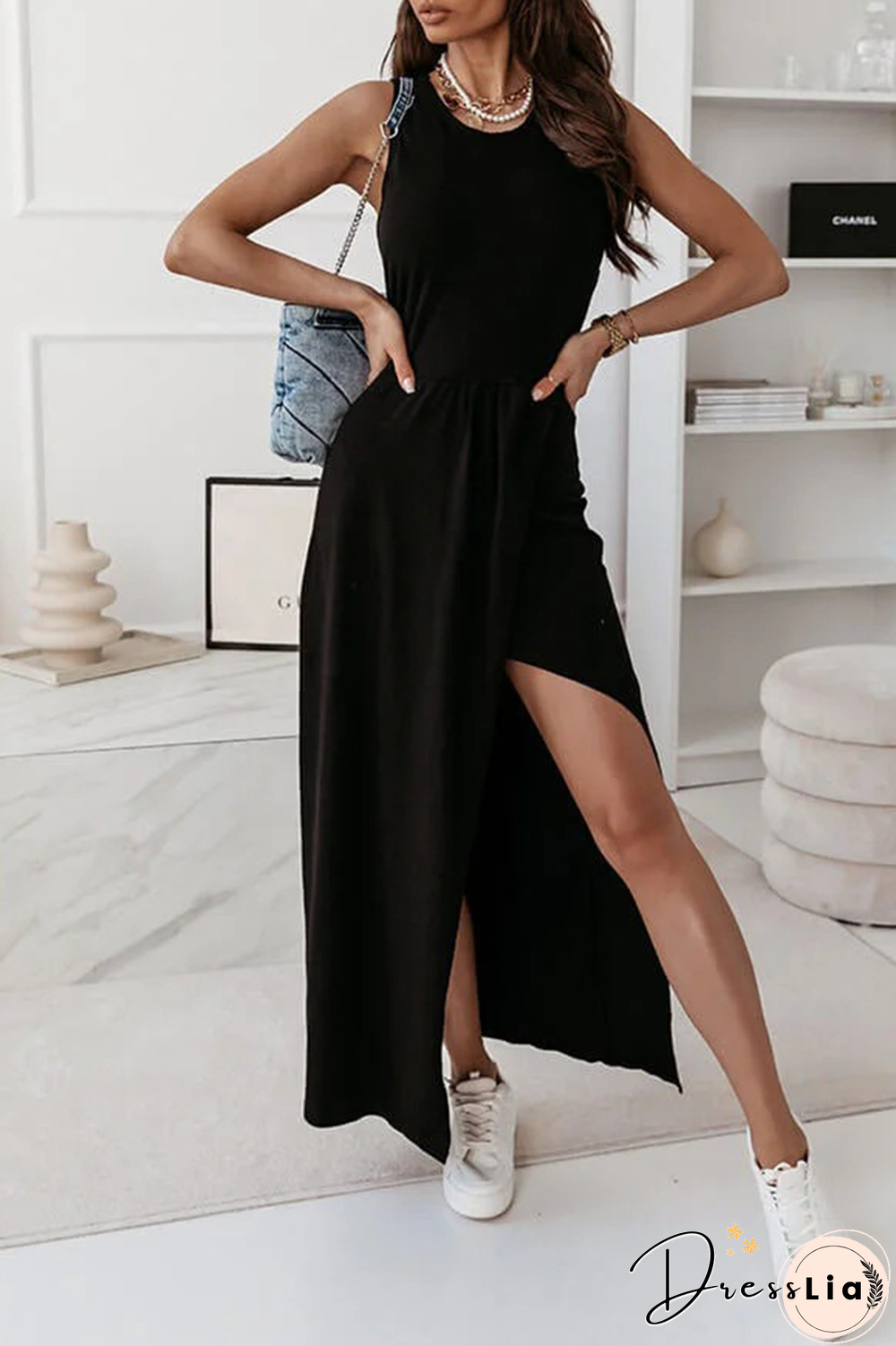 Casual Solid Fold O Neck Irregular Maxi Dresses