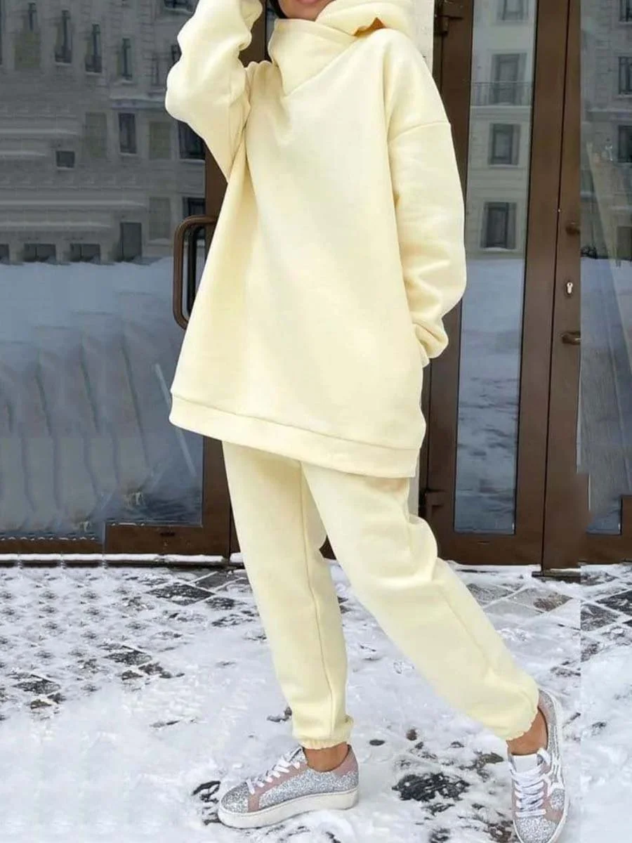 Two-piece suit of solid color casual hoodie and sweatpants