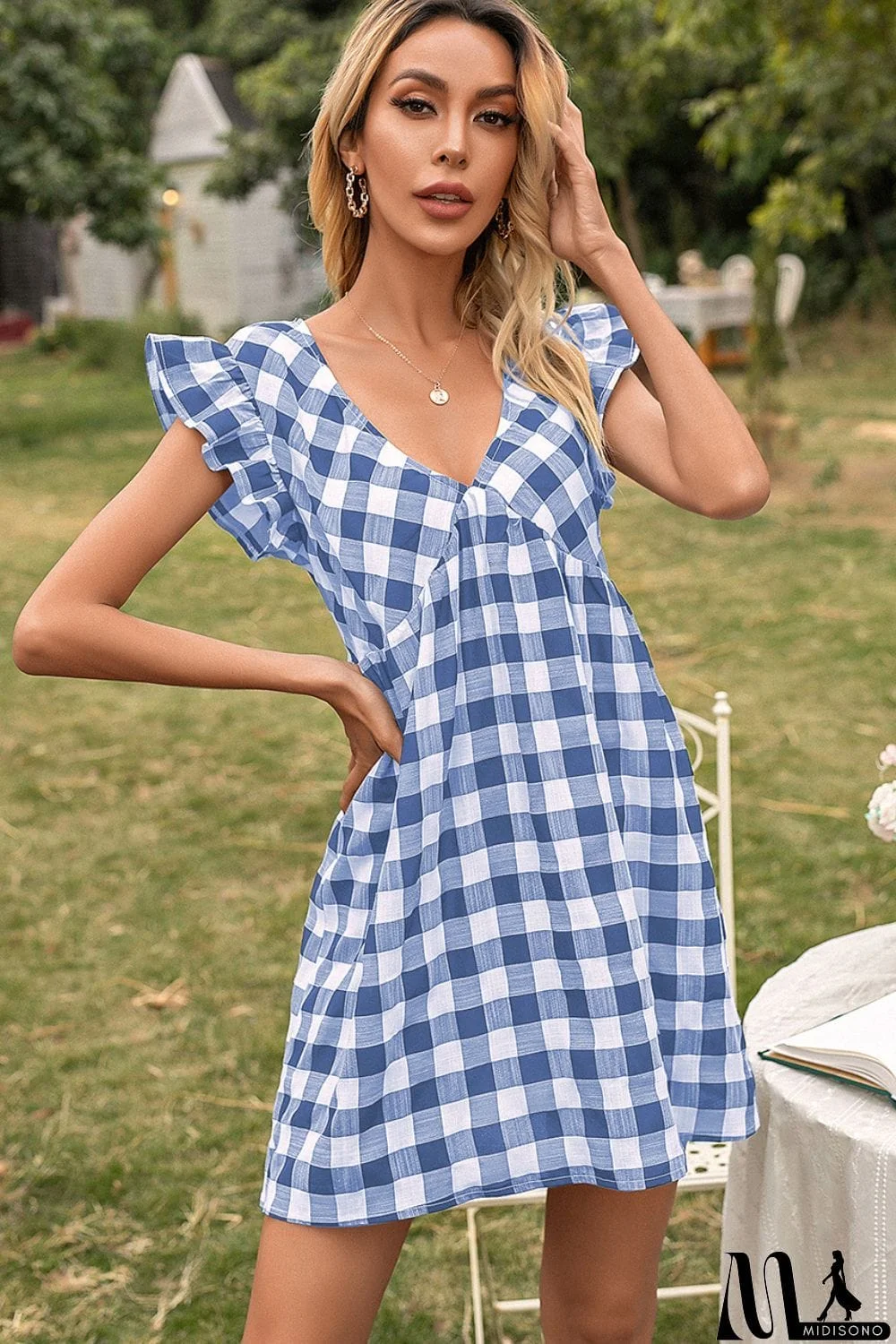 MidiSono - Plaid Butterfly Sleeve Deep V Dress