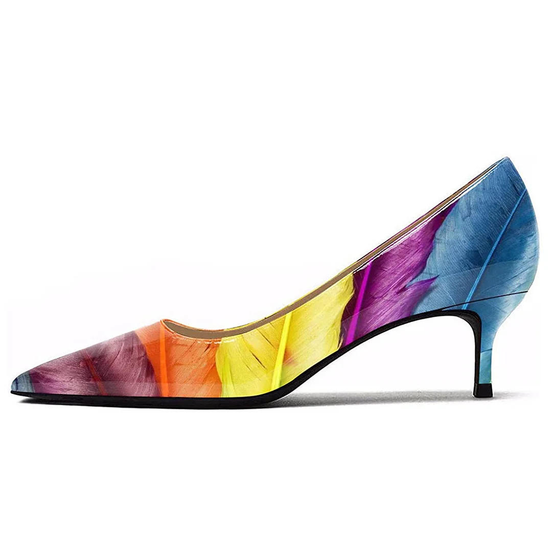 Patent Leather Multicolor Feather Print Comfortable 2 Inch Heels