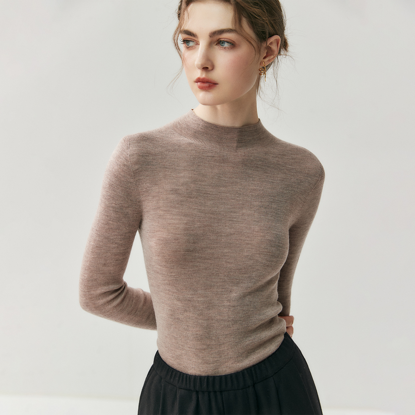 Women's Slim Mock Neck Lightweight Cashemre Knit Top REAL SILK LIFE