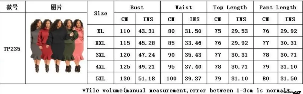 Winter Plus Size Black Puffed Long Sleeve Hoodies And Fishtail Skirt Wholesale Two Piece Clothing