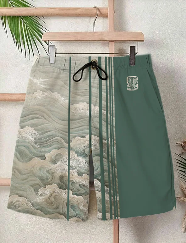 Men's Waves Striped Print Pocket Casual Vacation Beach Shorts