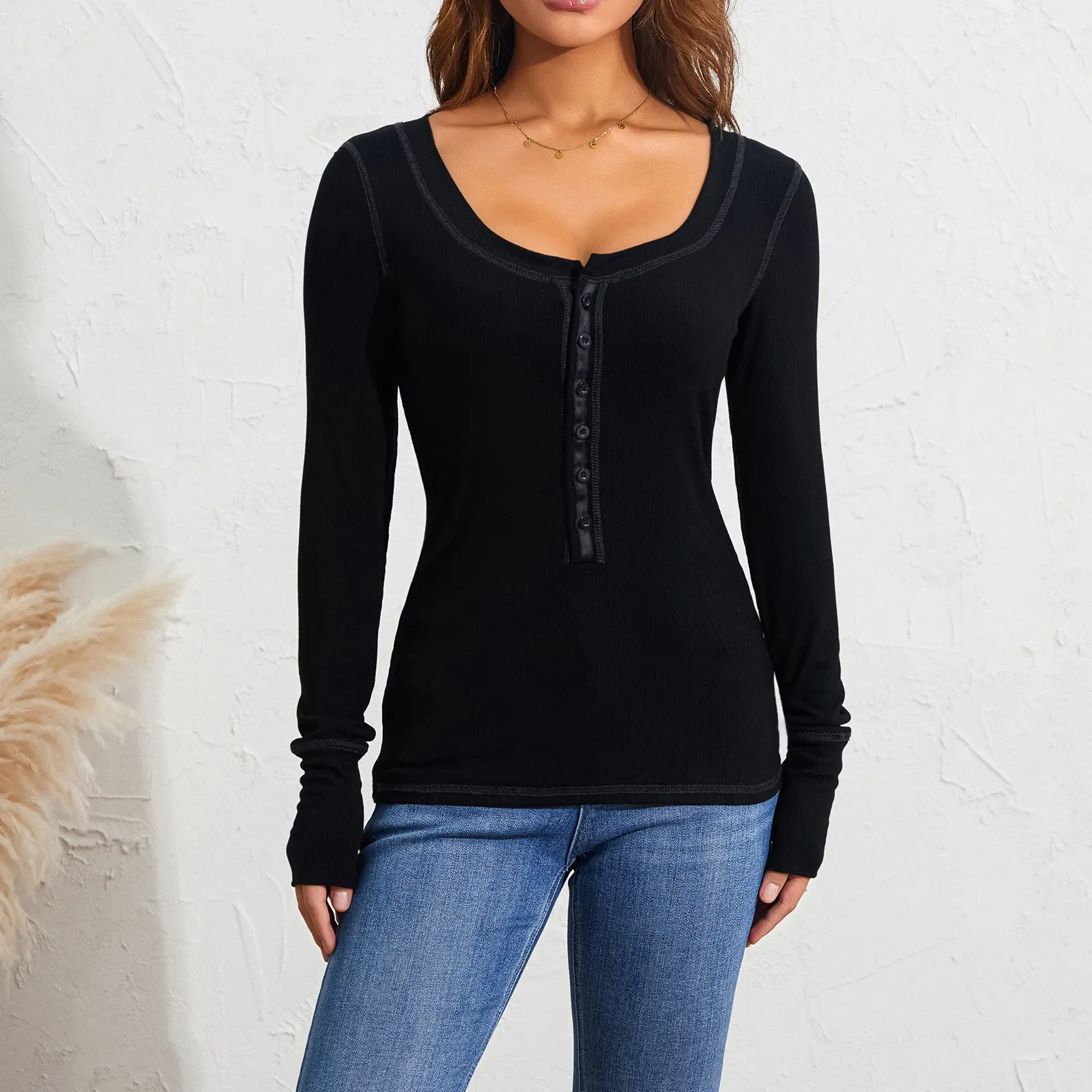 Women's Waffle Knit Henley Long Sleeve Top
