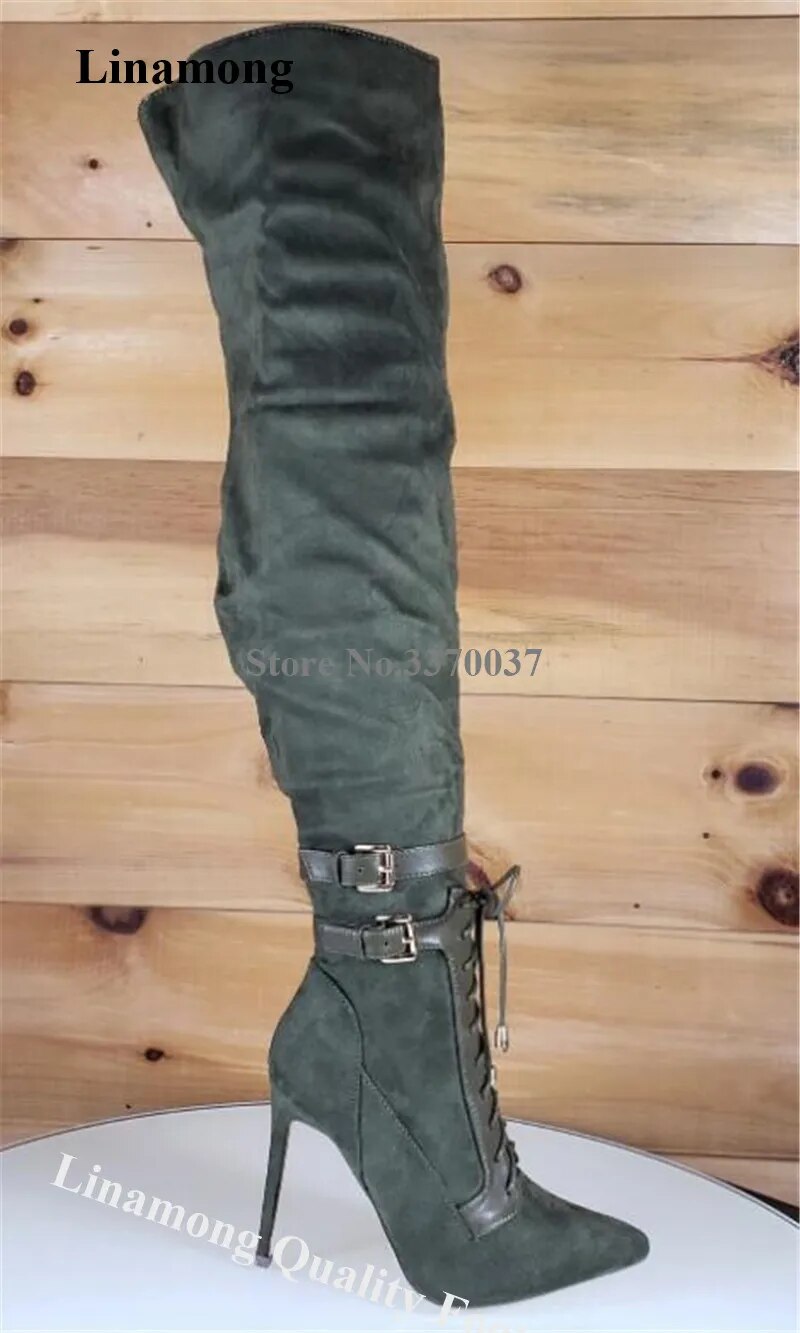 VCSHOES Western Style Pointed Toe Suede Leather Stiletto Heel Over Knee Gladiator Boots Army Green High Heel Long Boots